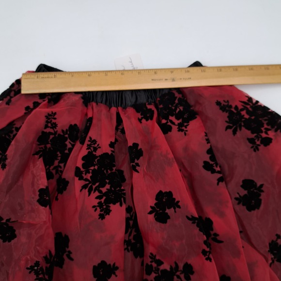 Burgundy Red sheer high low black flocked floral skirt M/L - Picture 9 of 9